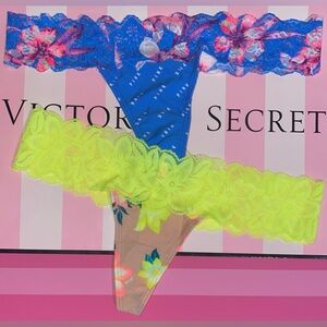 2 Victoria’s Secret PINK Thong Panties PINK lace panties bundle pink neon floral